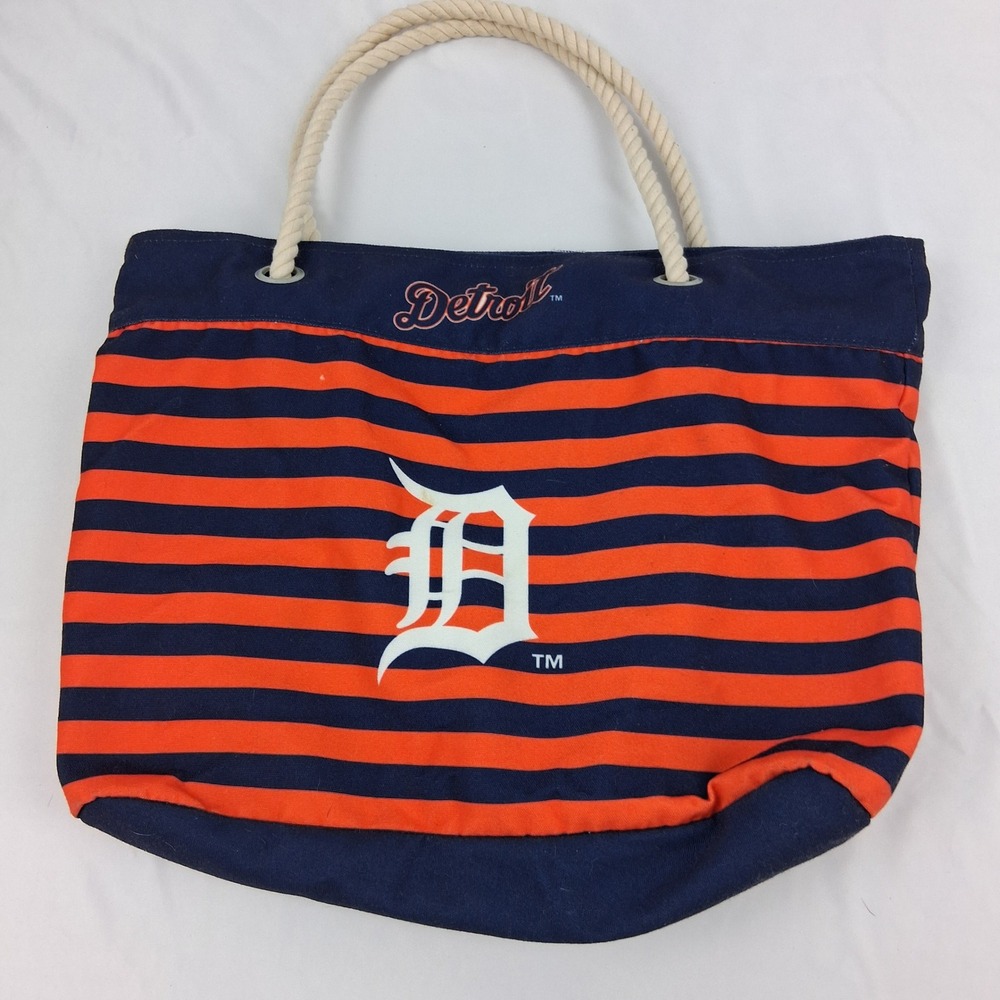 Detroit Tigers MLB Canvas Tote Bag Navy Orange Striped Rope Handle Beach Bag